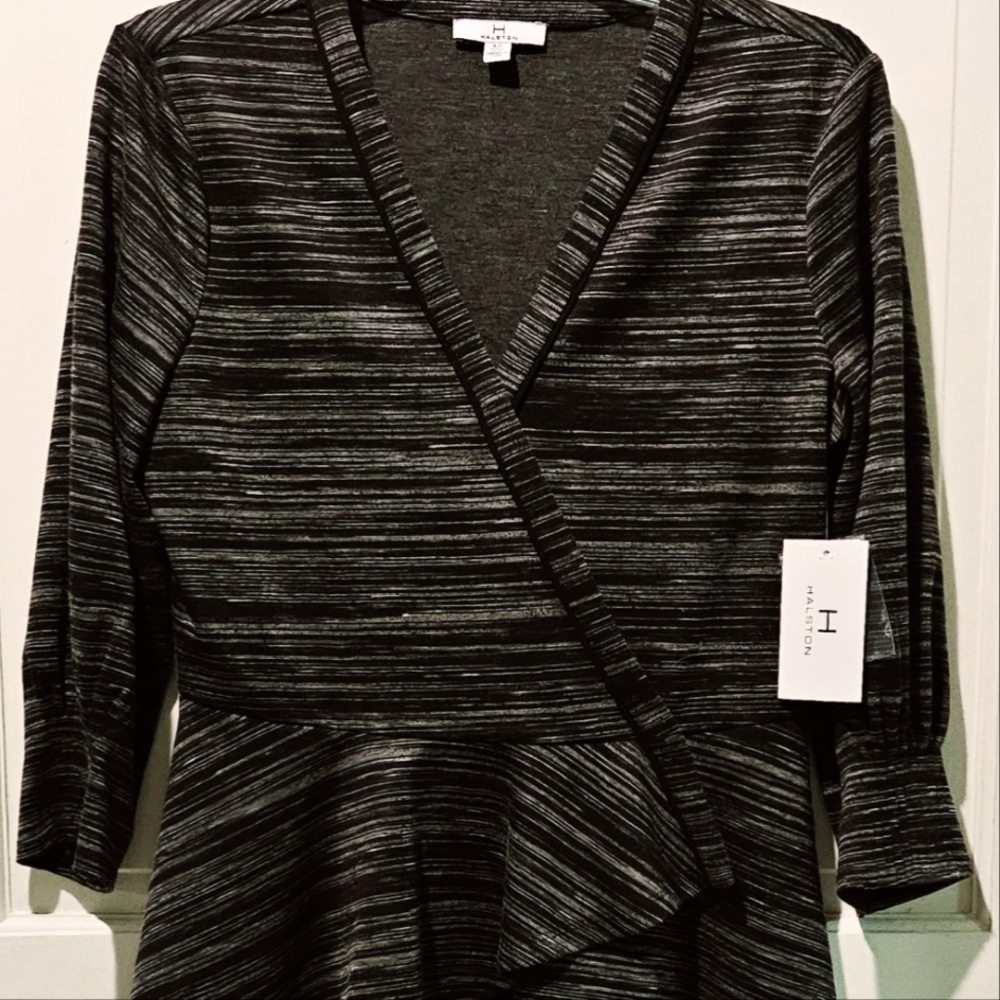 Halston Wrap Front, 3/4 Sleeve Blouse, Size Small, Black/White Spacedye